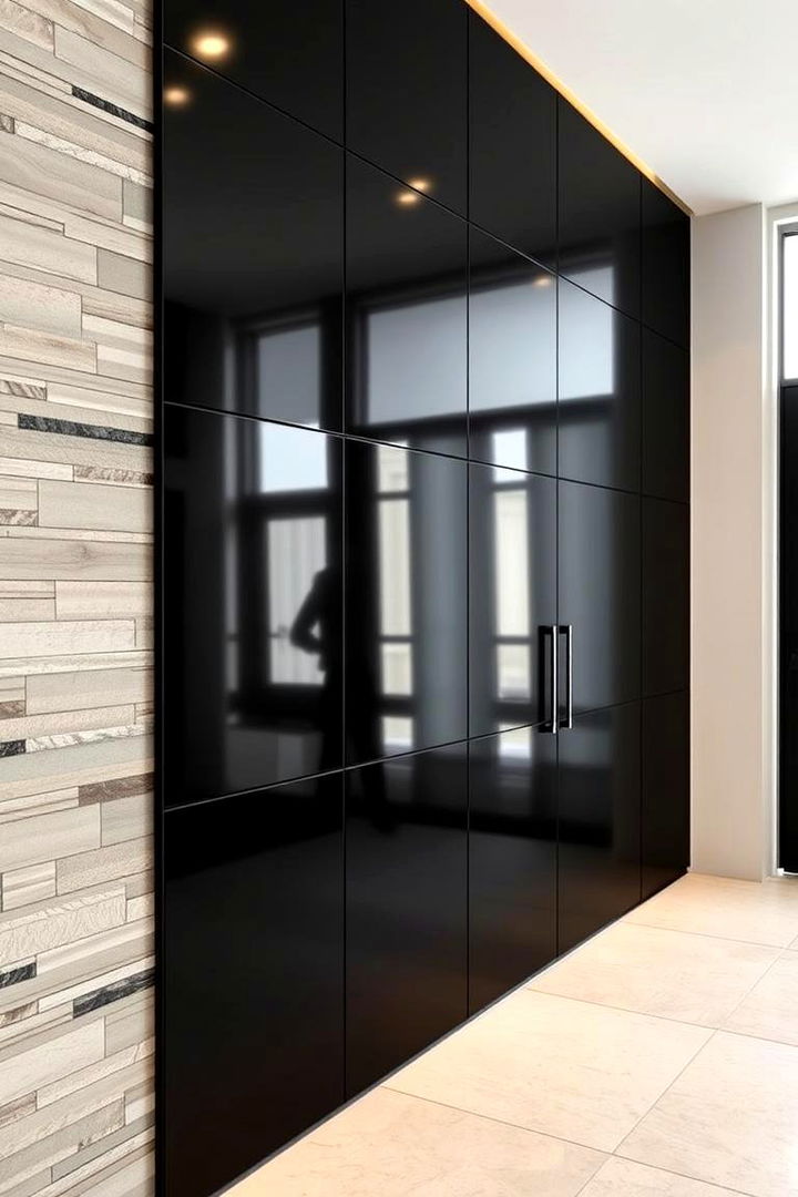 Glossy Black with Natural Stone Cladding - 22 Black Accent Wall Ideas