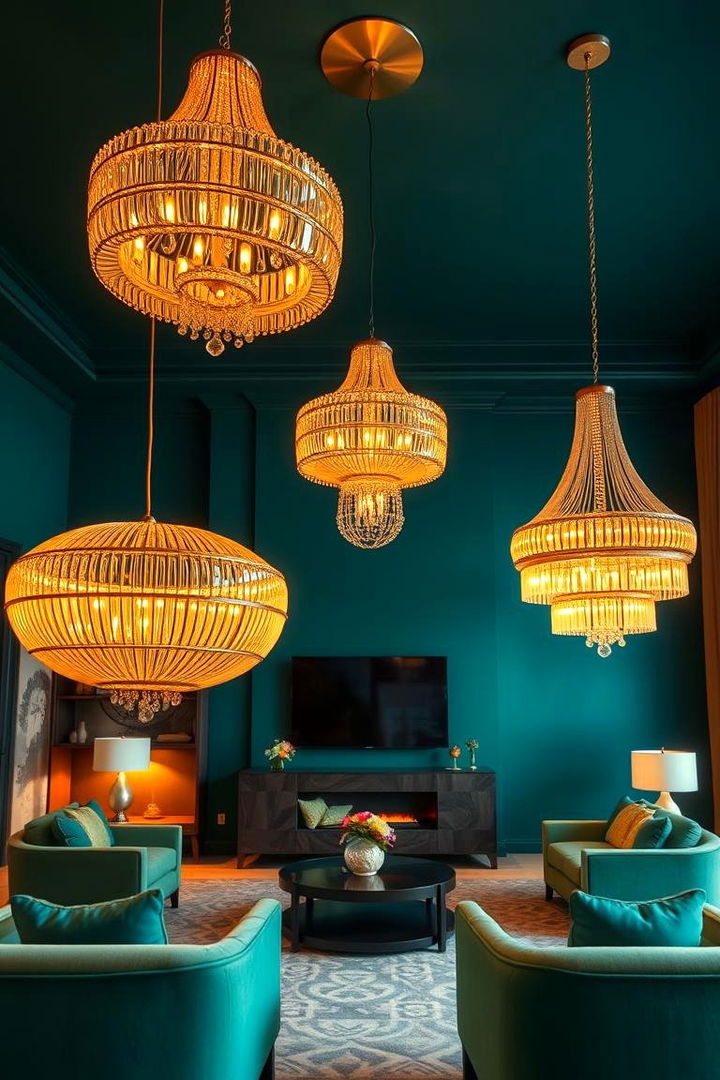 Golden Statement Lighting - 22 Emerald Green and Gold Living Room Ideas