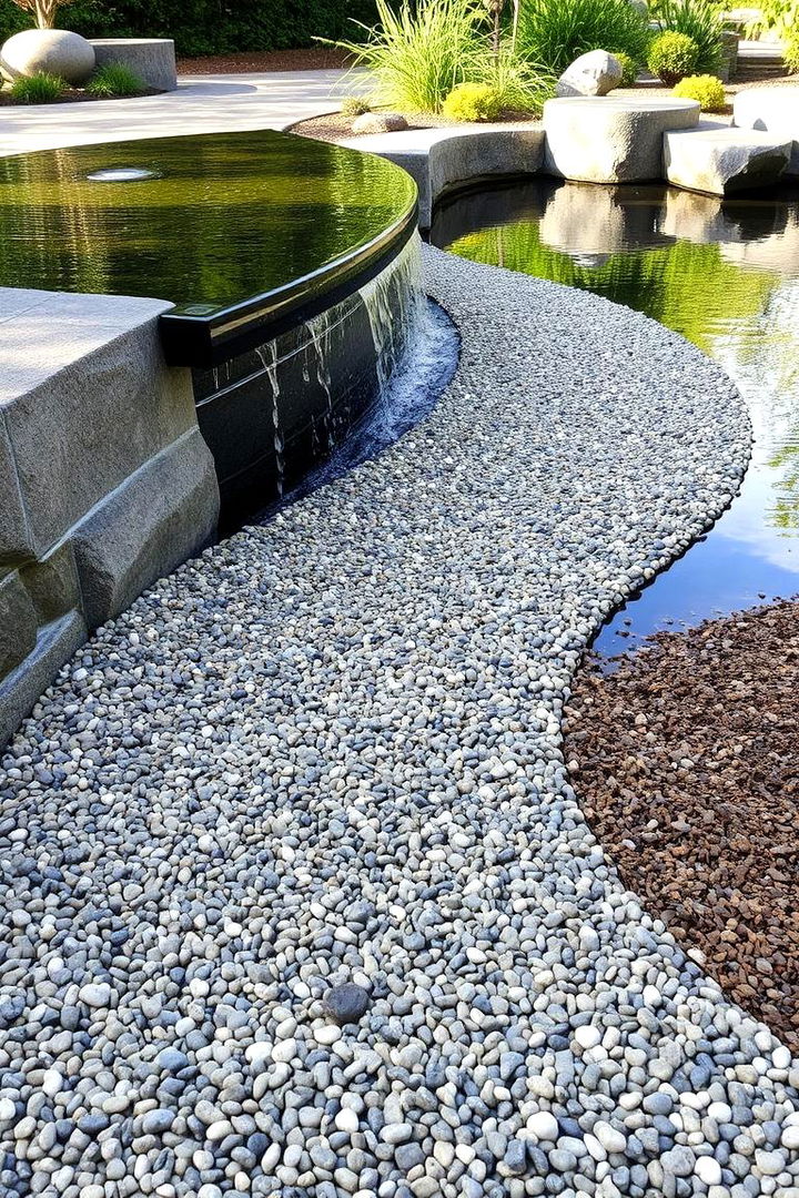 Graceful Water Feature Merge - 22 Pea Gravel Walkway Ideas