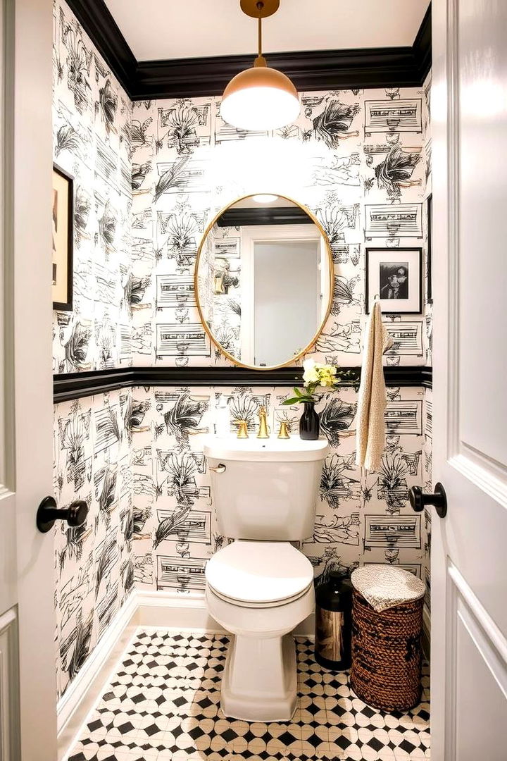 Graphic Wallpaper Inspirations - 22 Black and White Powder Room Ideas