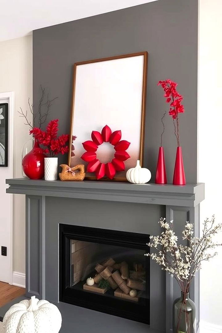 Grayscale Neutrals with Pops of Red - 22 Fall Mantel Decor Ideas