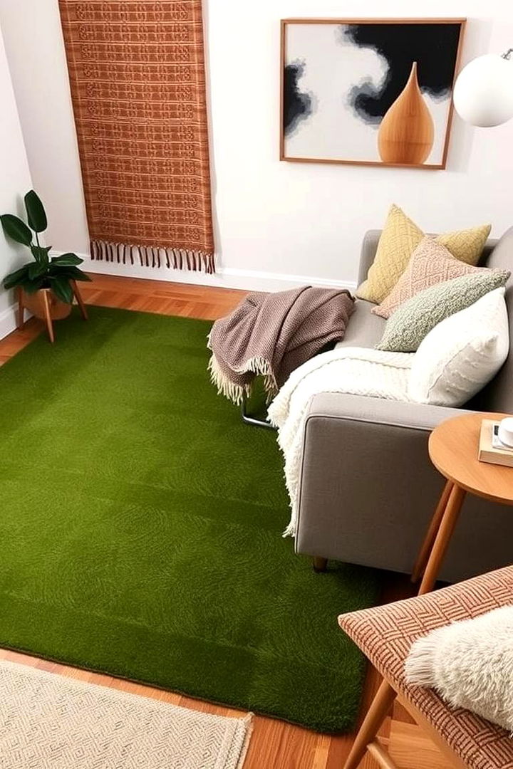 Green Carpet Layering for Texture - 22 Green Carpet Living Room Ideas