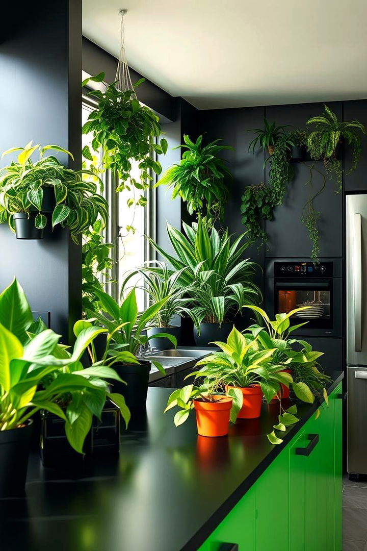 Greenery Infusion with Indoor Plants - 22 Black and Green Kitchen Ideas