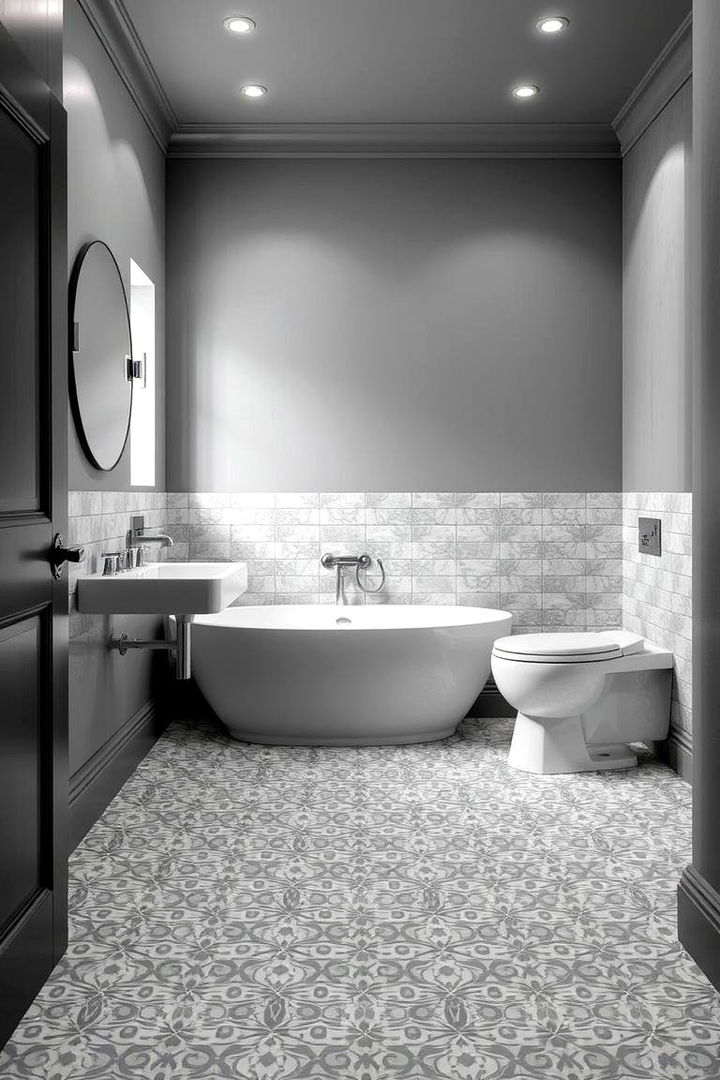 Grey Geometric Patterns Flooring - 22 Grey Bathroom Ideas