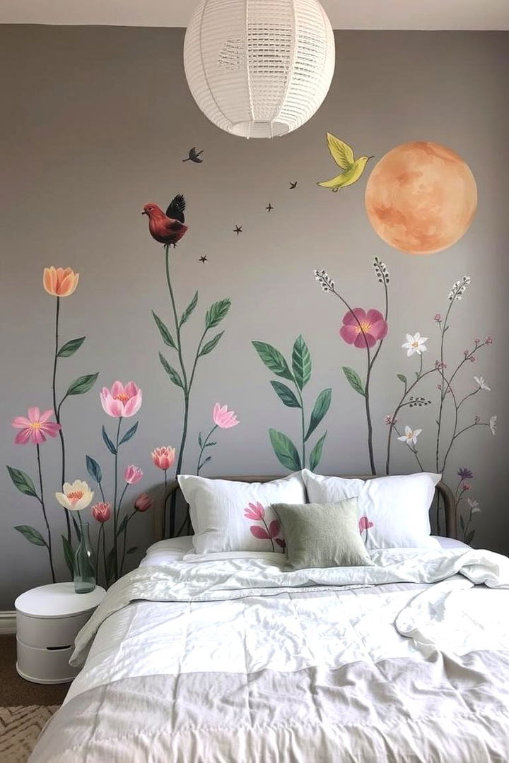 Hand Painted Wall Murals - 22 Grey Boho Bedroom Ideas
