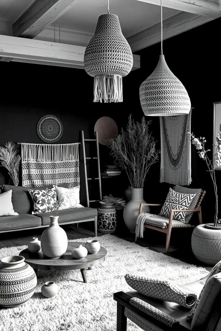 Handcrafted Artisan Decor - 22 Black and White Boho Living Room Ideas