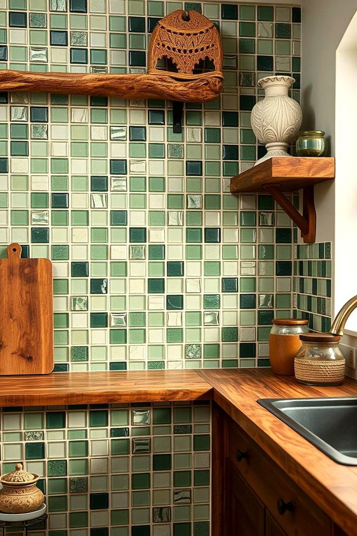 Handcrafted Mosaic Accent - 22 Green and Brown Kitchen Ideas