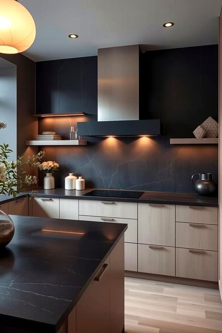Harmonious Blend of Warmth and Cool Tones - 22 kitchen with dark countertops and light cabinets