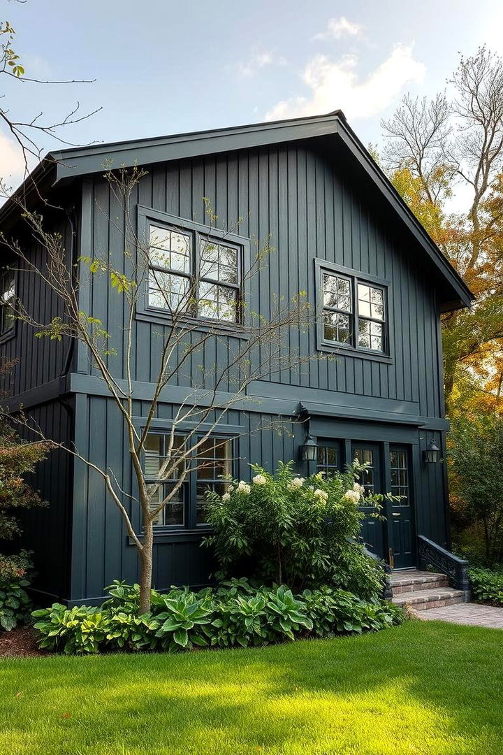 Harmonious Landscape Integration - 22 Dark Olive Green House With Black Trim
