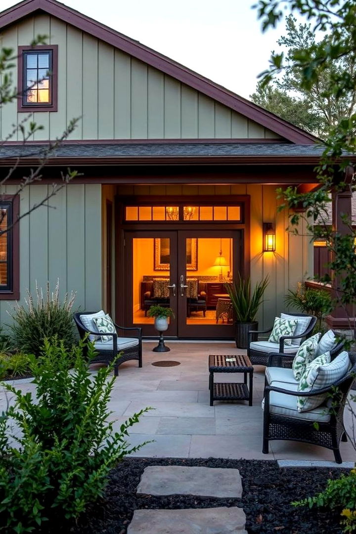 Harmonious Outdoor Spaces with Natural Integration - 22 Sage Green House With Brown Trim Ideas
