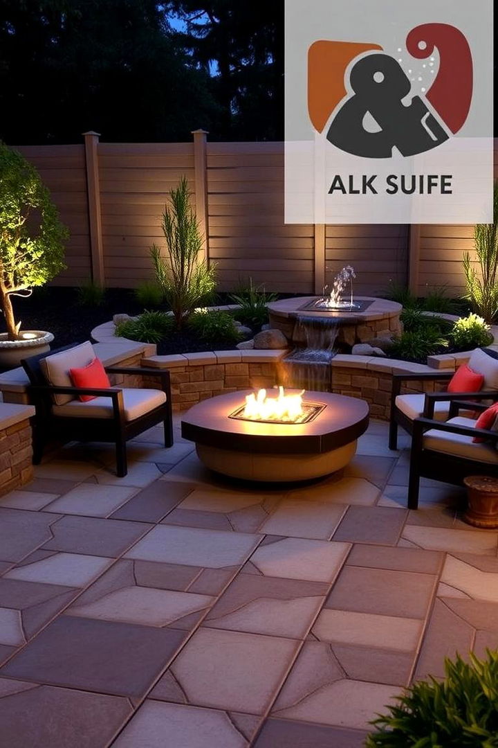 Harmonious Water Feature Integration - 22 Concrete Paver Patio Fire Pit Ideas