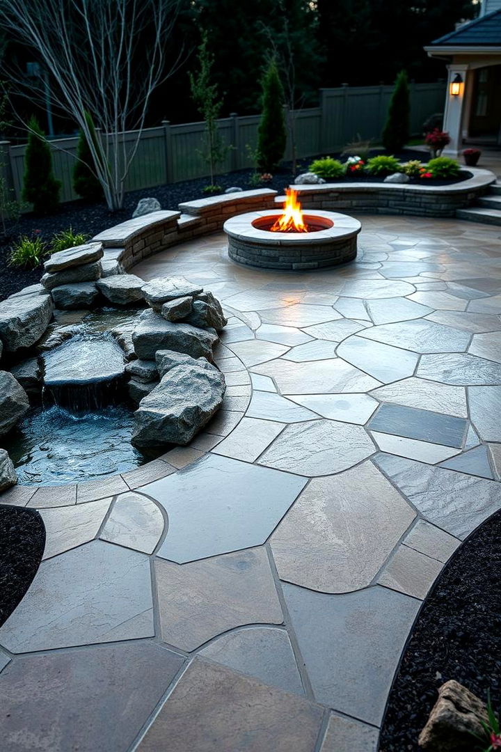 Harmonious Water Feature Integration - 22 stamped concrete patio with fire pit ideas