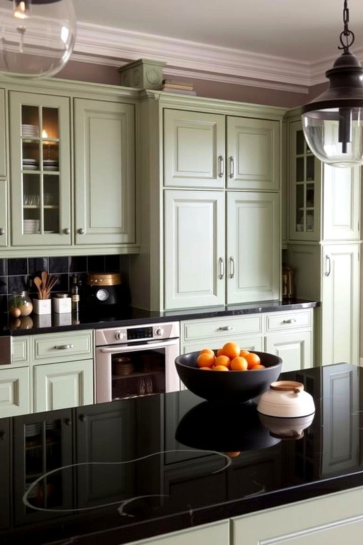 Harmonizing Tradition and Innovation - 22 Green Kitchen Cabinets With Black Countertops