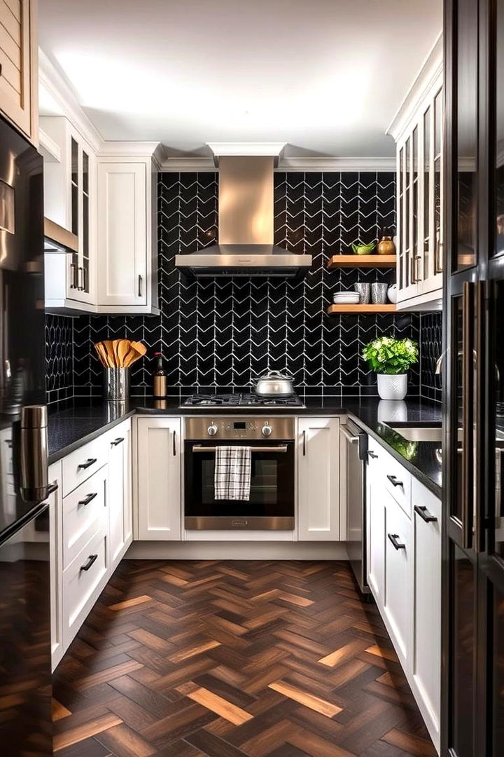 Herringbone Pattern in Black Tiles - 22 Black Kitchen Floor Ideas