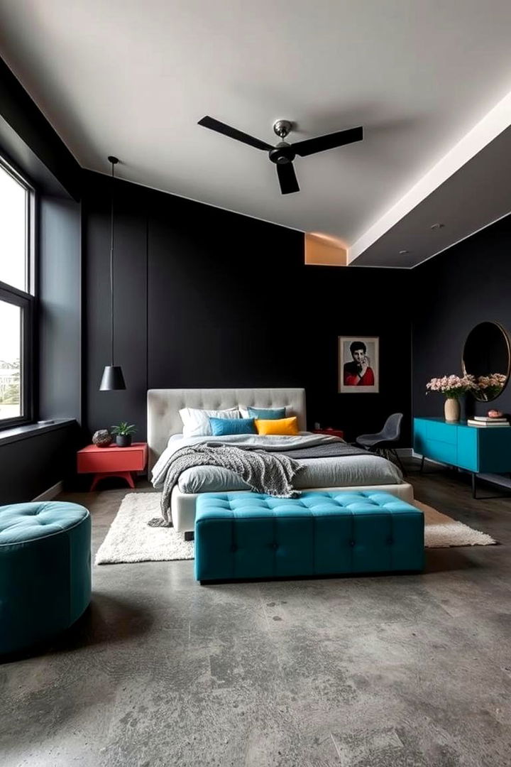 High Contrast Bedroom Space - 22 Concrete Floor Bedroom Ideas