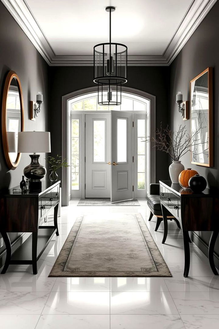 High Contrast Layering - 22 Black and White Entryway Design Ideas