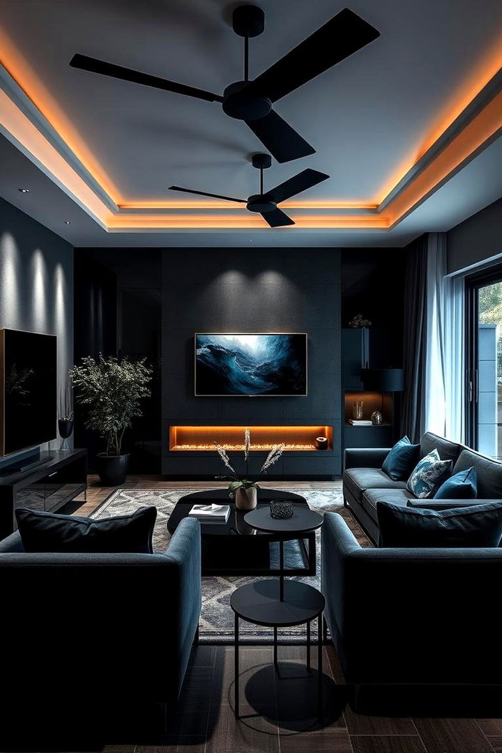 High Contrast Lighting Effects - 22 Black and Blue Living Room Ideas