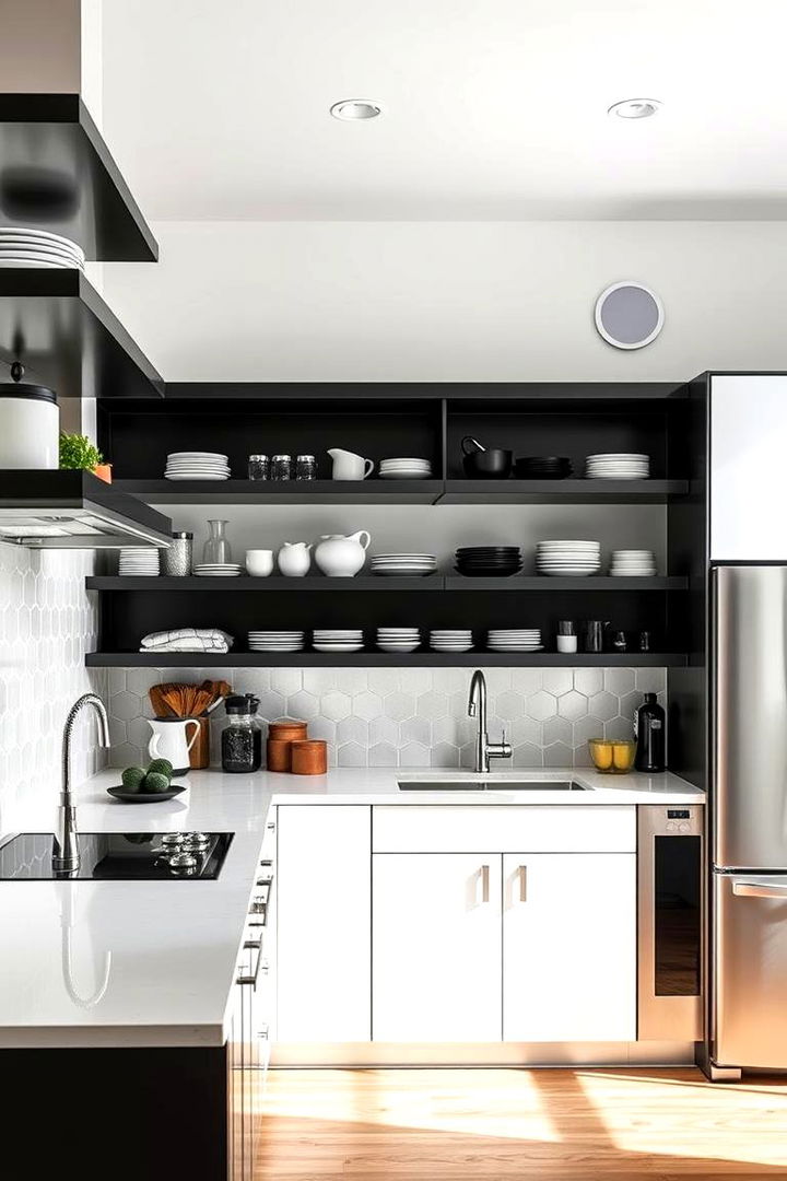 High Contrast Modern Look - 22 Open Shelving Kitchen Ideas