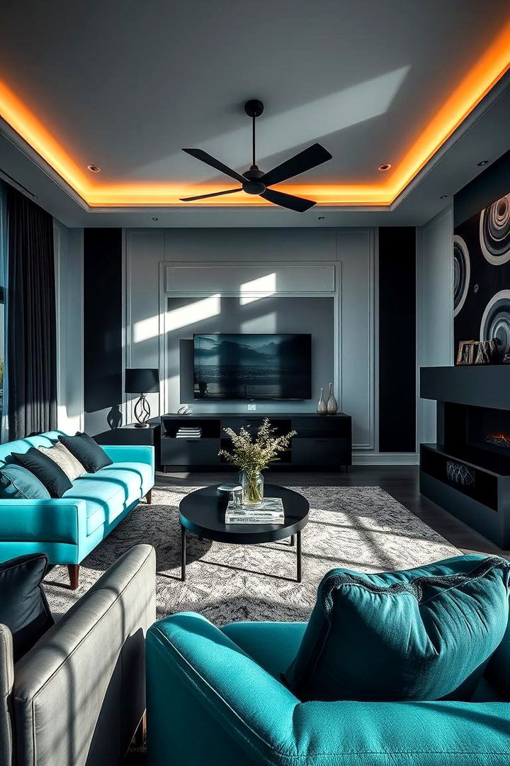 High Contrast Turquoise and Black Accents - 22 Turquoise Living Room Ideas