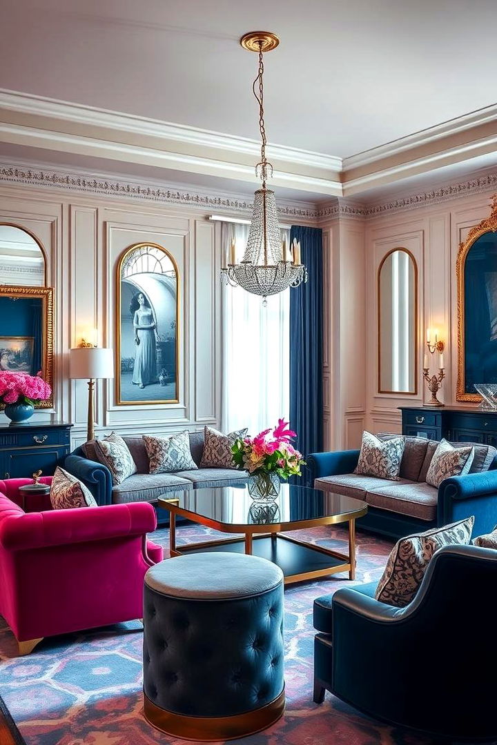 High End Luxe with Bold Colorful Statements - 22 Pink and Blue Living Room Ideas