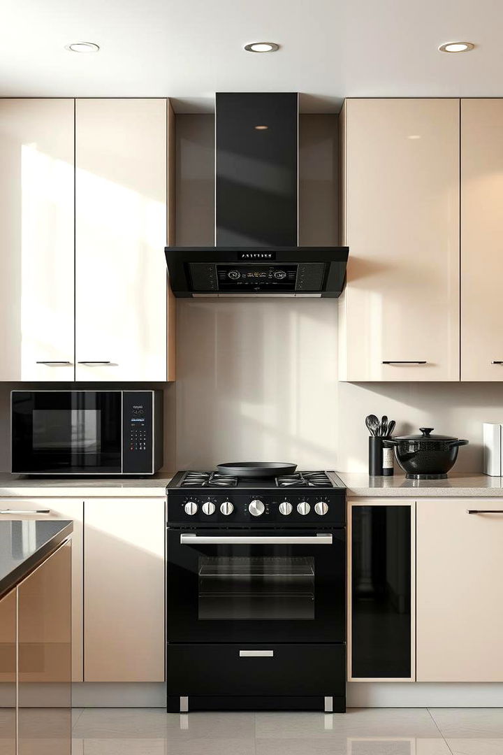 High Gloss Black Appliances with Soft Beige Surround - 22 black and beige kitchen ideas