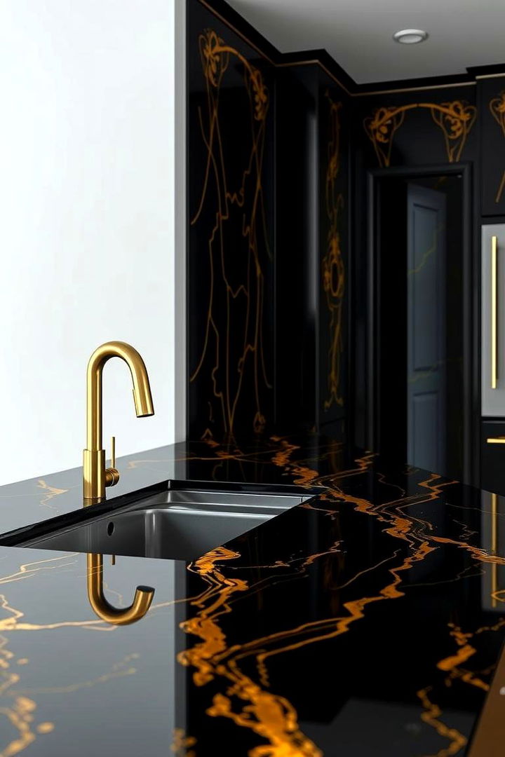 High Gloss Black Surfaces with Gold Detailing - 22 Black and Gold Kitchen Ideas