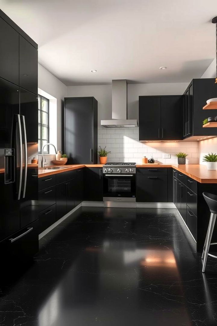 High contrast Flooring Choices - 22 Kitchen With Black Cabinets And Wood Countertops Ideas