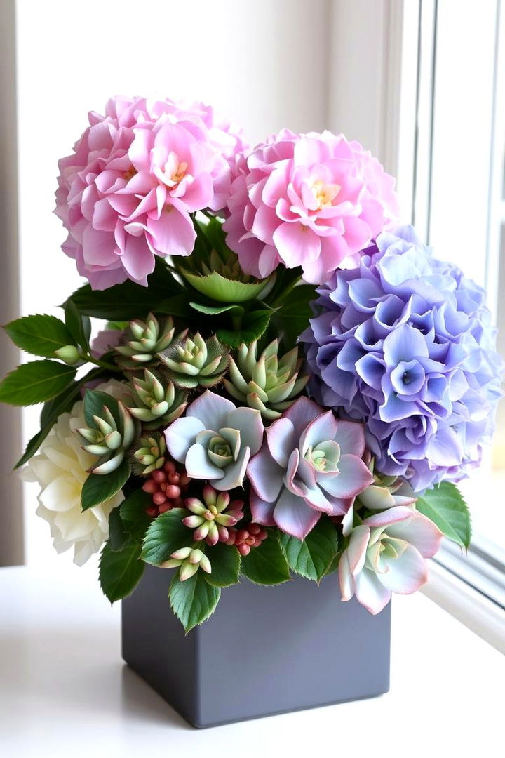 Hydrangea and Succulent Fusion - 22 Hydrangea Centerpiece Ideas