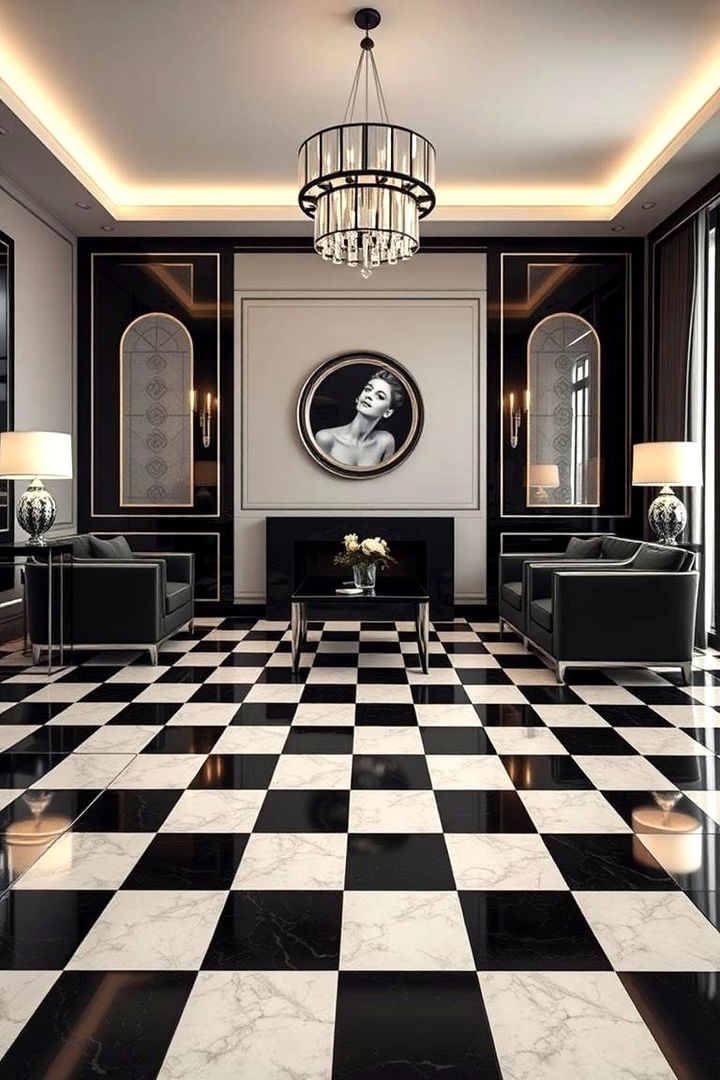 Iconic Checkerboard Flooring - 22 Art Deco Living Room Ideas