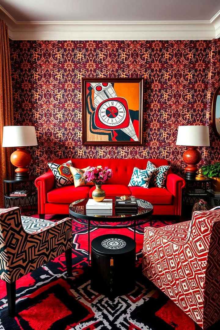 Iconic Pattern Play and Dynamic Contrasts - 22 Red Couch Living Room Ideas