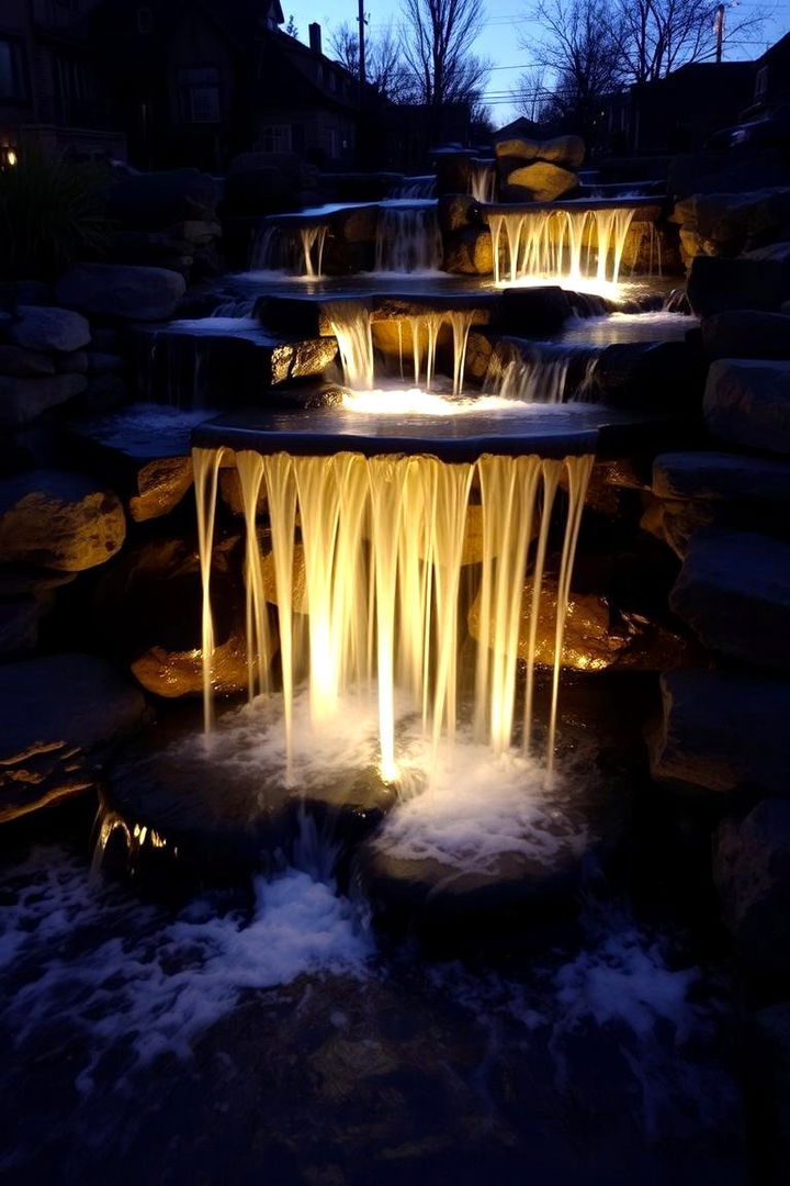 Illuminated Night Cascade - 22 Pondless Waterfall Ideas