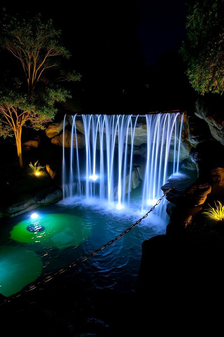Illuminated Nightfall Waterfall - 22 Backyard Waterfall Ideas