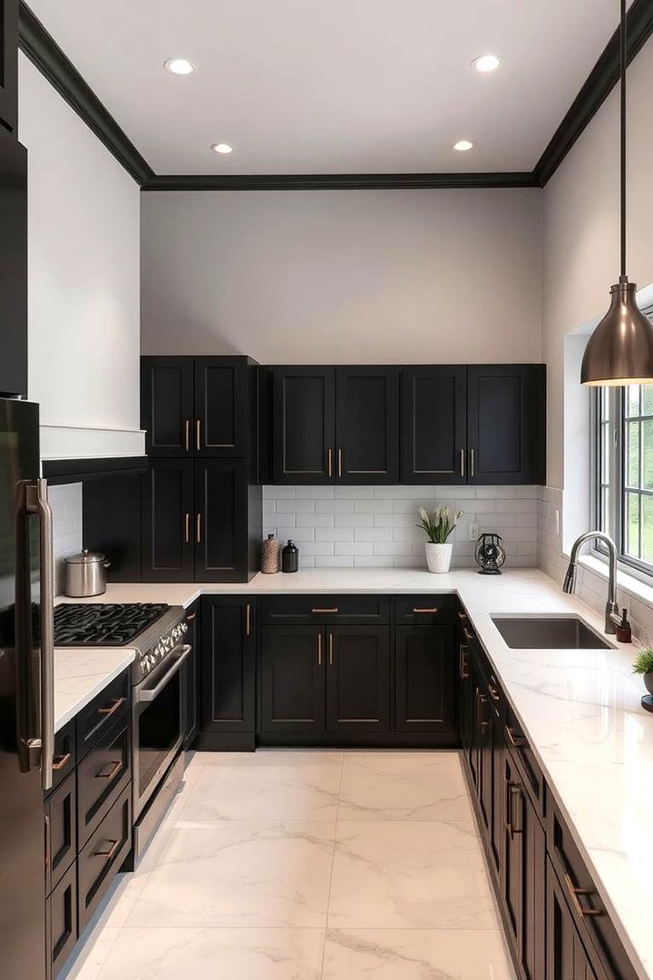 Illusion of Expanded Space and Depth - 22 Black Kitchen Cabinets With White Countertops
