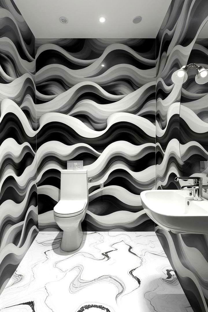 Illusionistic Wave Patterns - 22 Black and White Bathroom Tile Ideas