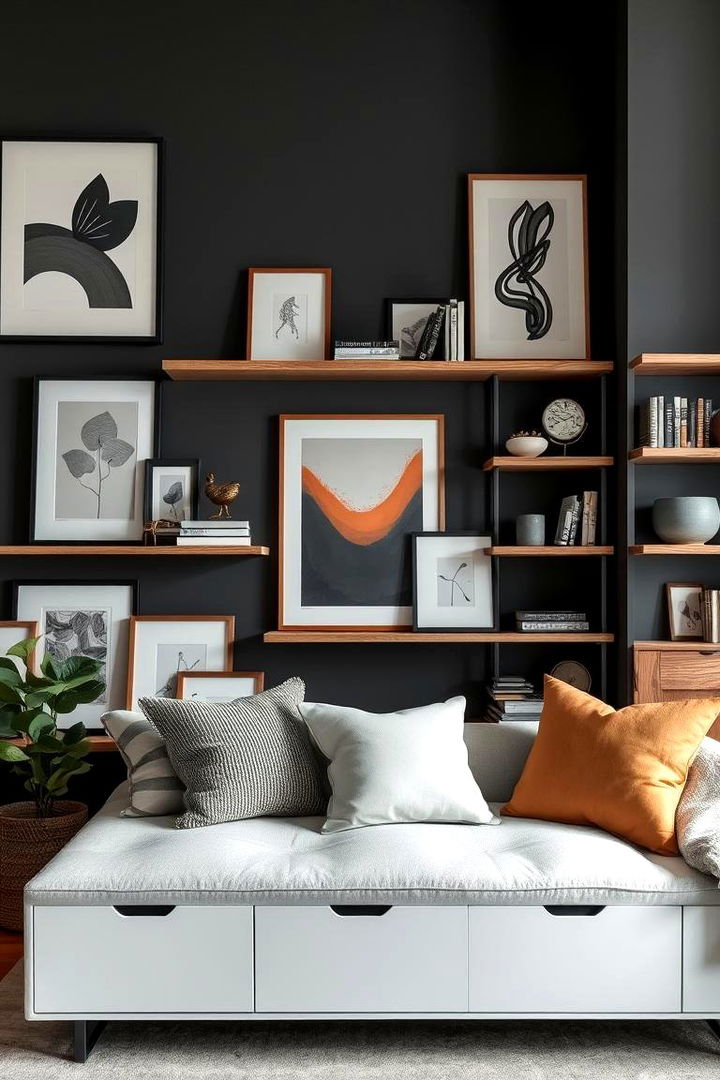 Incorporate Layered Decor Elements - 22 Contrasting Living Rooms With Dark Grey Walls