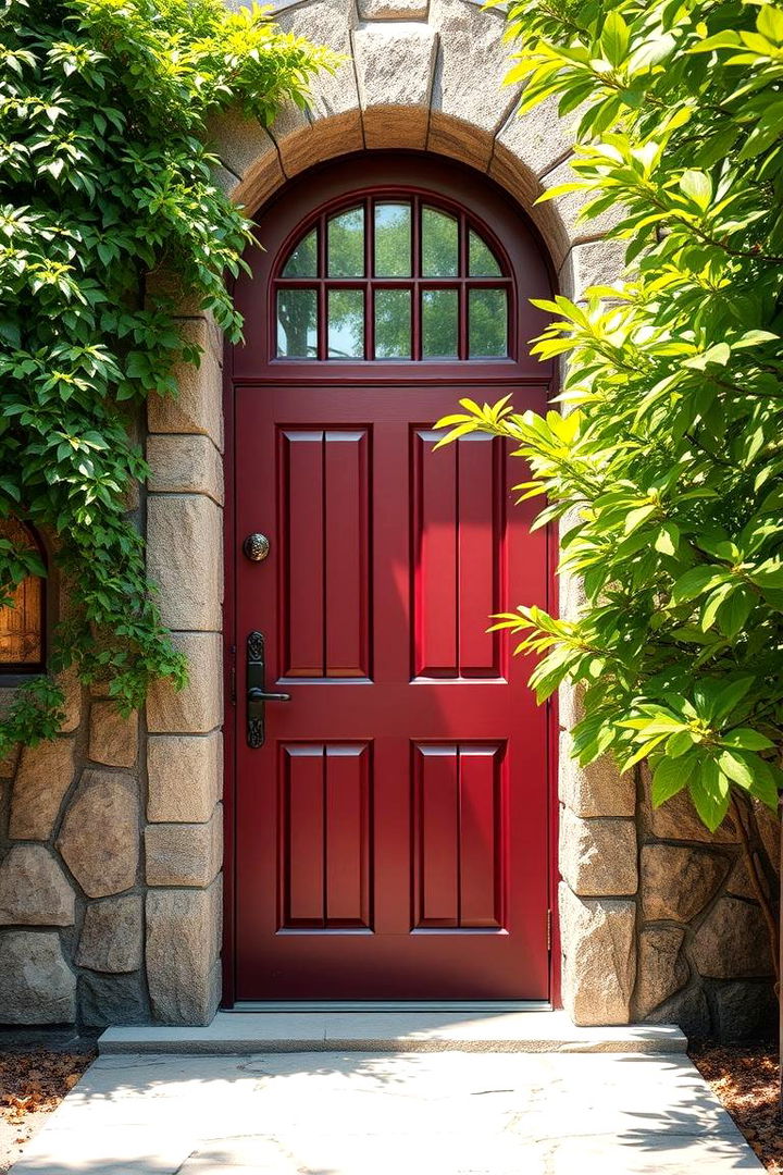 Incorporating Natural Accents - 22 Dark Red Front Door Ideas