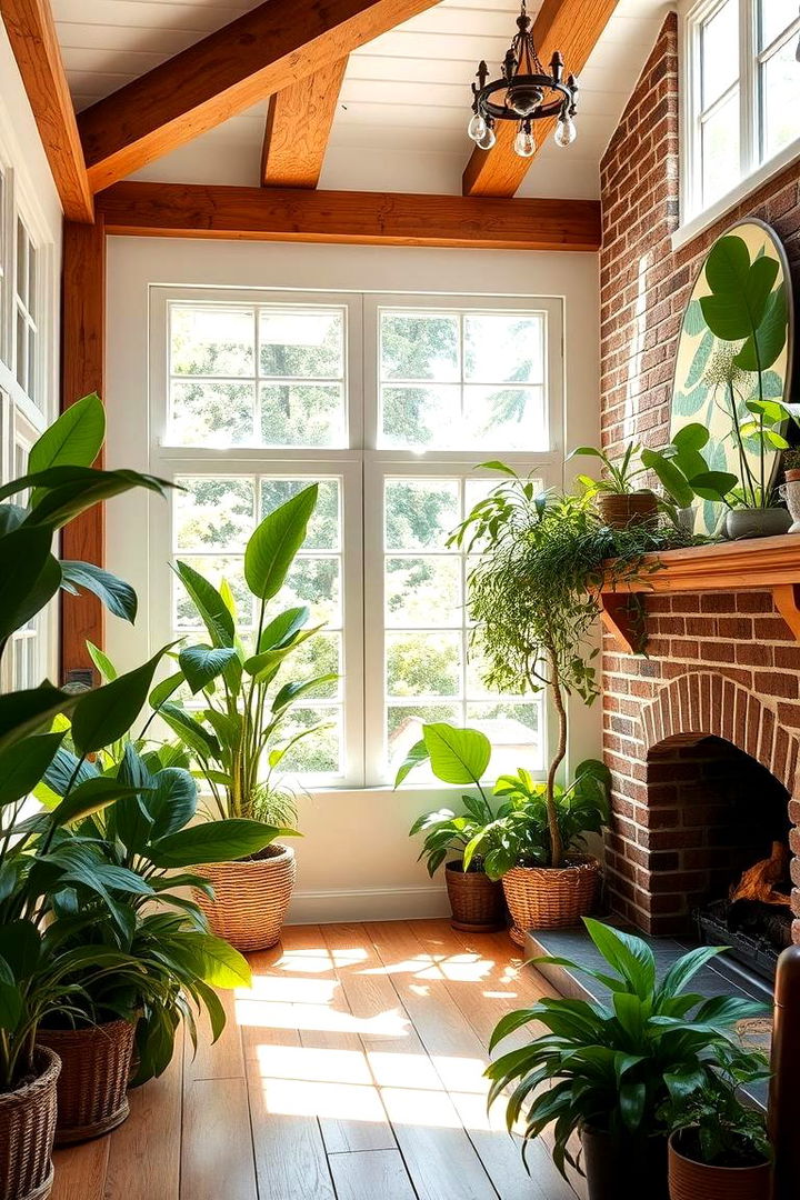 Incorporating Natural Indoor Plants - 22 Rustic Living Room With a Brick Fireplace Ideas