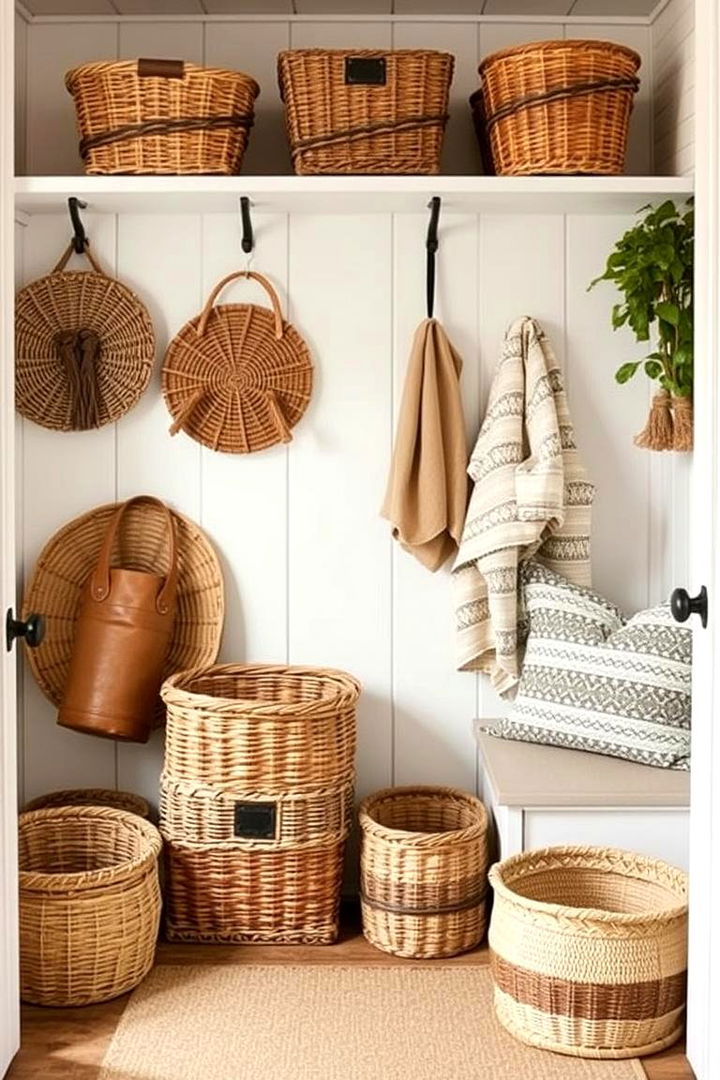 Incorporation of Woven Baskets - 22 Farmhouse Mudroom Ideas