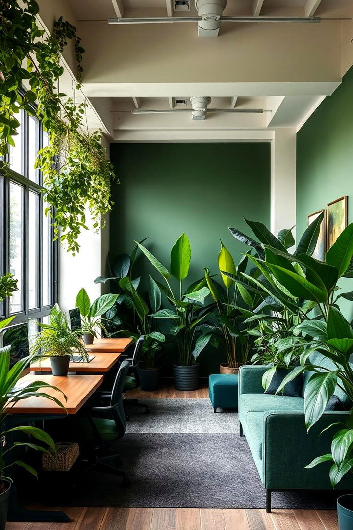 Indoor Plant Integration with Dark Hues - 22 Dark Green Office Ideas and Inspiration