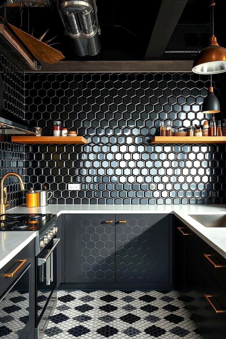 Industrial Black Hexagon Patterns - 22 Black Floor Kitchen Ideas