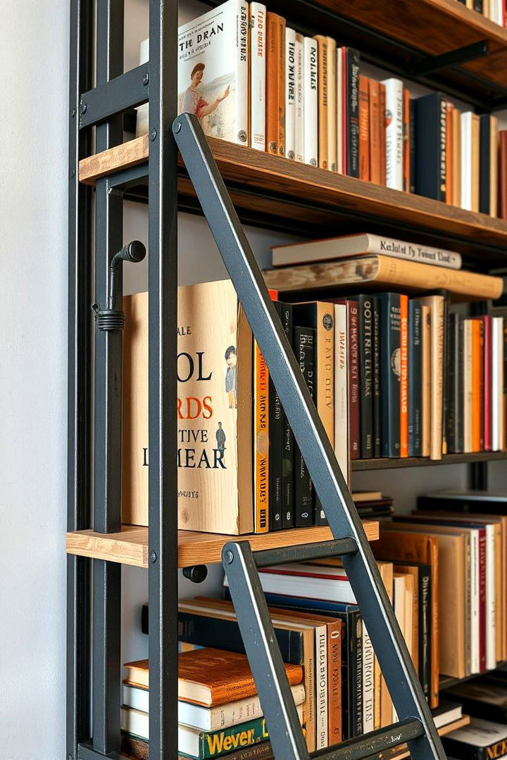 Industrial Bookshelves with Ladder Detailing - 22 Industrial Living Room Ideas