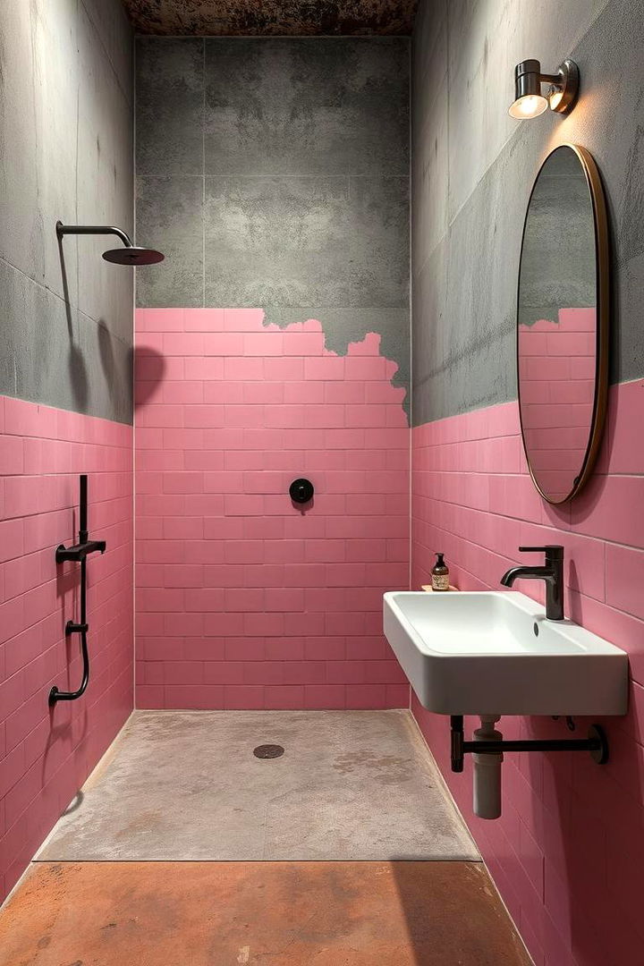 Industrial Edge Meets Pink - 22 Pink Tile Bathroom Ideas