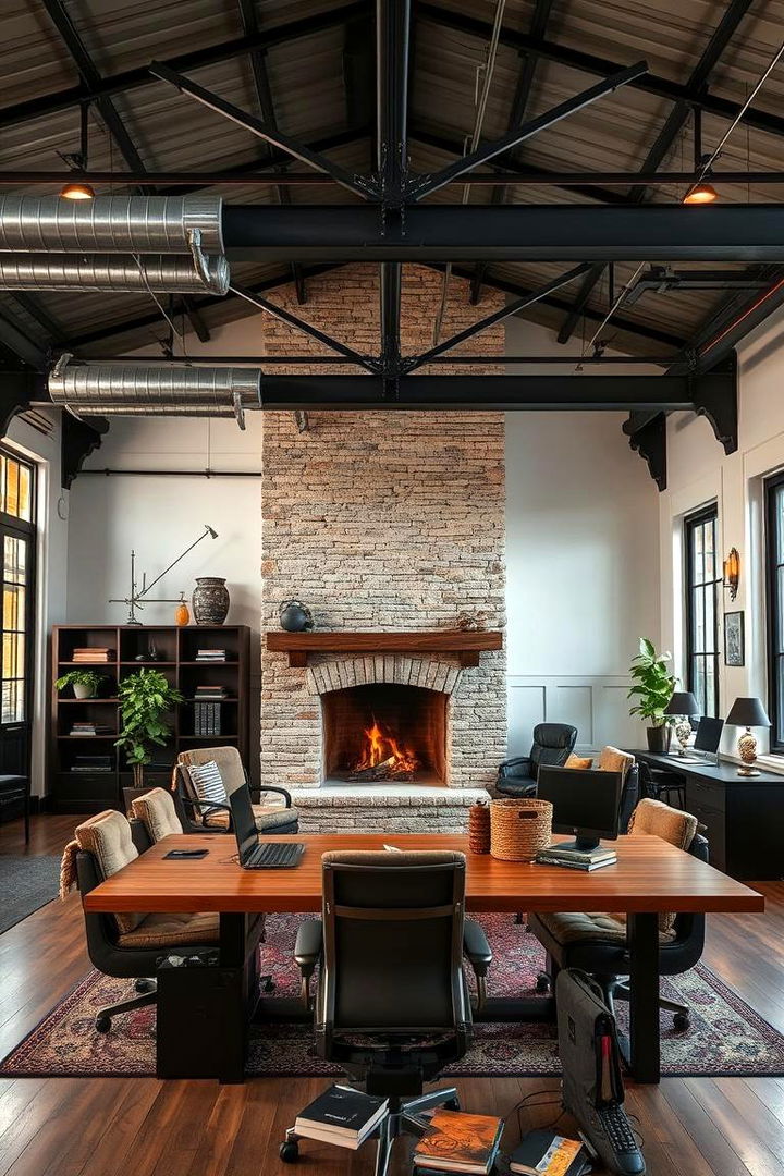 Industrial Edge with Classic Fire Ambiance - 22 Home Office With Fireplace Ideas