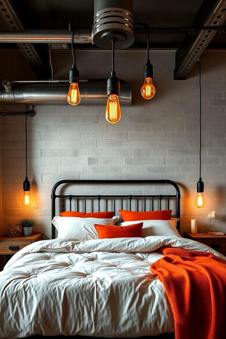 Industrial Lighting with Warm Orange Hues - 22 Burnt Orange Bedroom Ideas