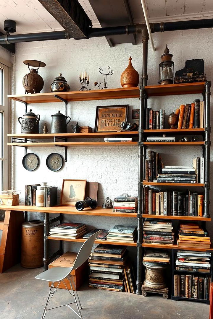 Industrial Pipe Shelving Accent - 22 Steampunk Living Room Ideas