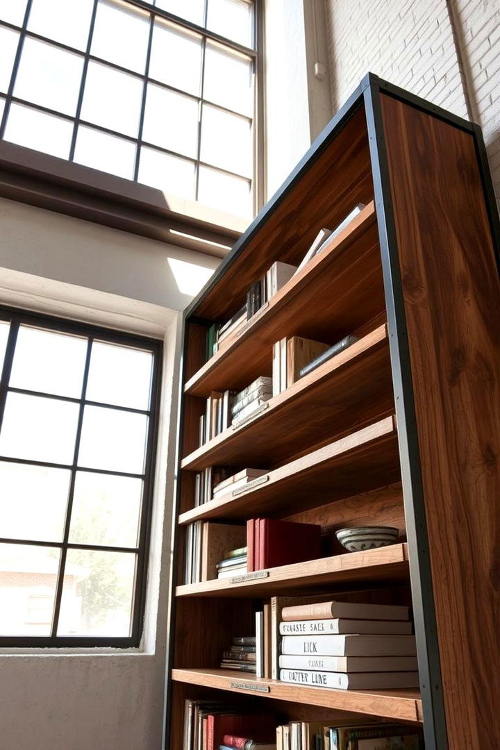 Industrial Style Bookcase with Metal Accents - 22 Bookcases Around Window Design Ideas