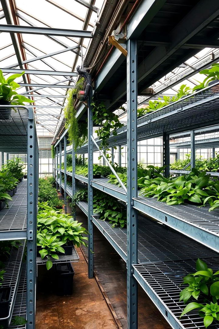 Industrial Style Shelving with Wire Grates - 22 Greenhouse Shelving Ideas