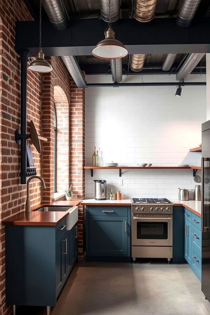 Industrial Teal and White Kitchen with Exposed Elements - 22 Teal and White Kitchen Ideas