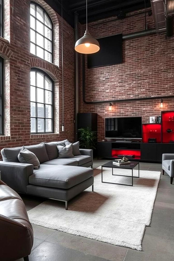 Industrial Touch with Red Lighting - 22 Red and Grey Living Room Ideas