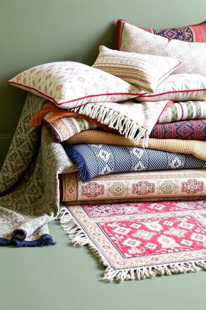 Infusing Layered Textiles and Rugs - 22 Boho Sage Green Bedroom Ideas